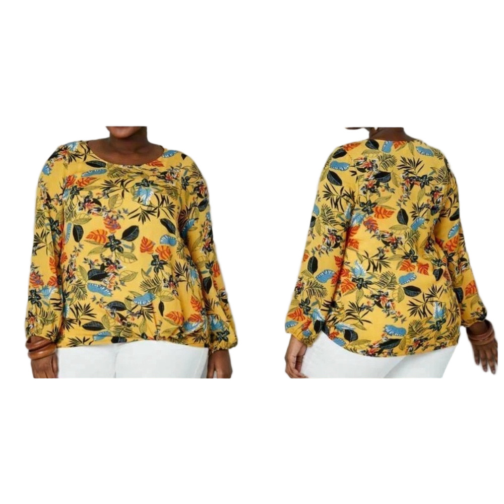 🎻Avenue 14/16 GUC Yellow palm tree print knot blouse..